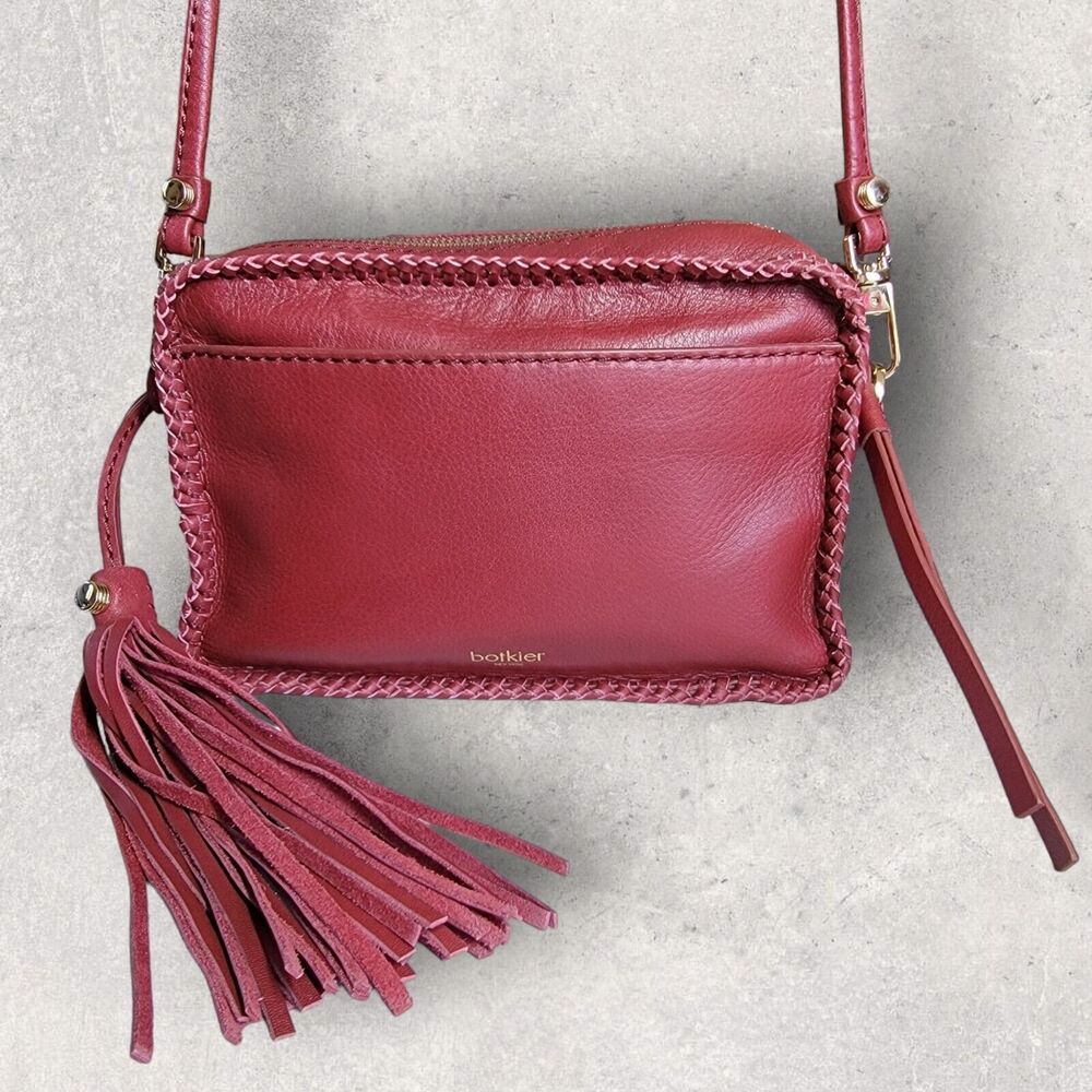 Botkier Quincy Camera Leather Boxy Crossbody Purse Handbag Red Tassel Whipstitch